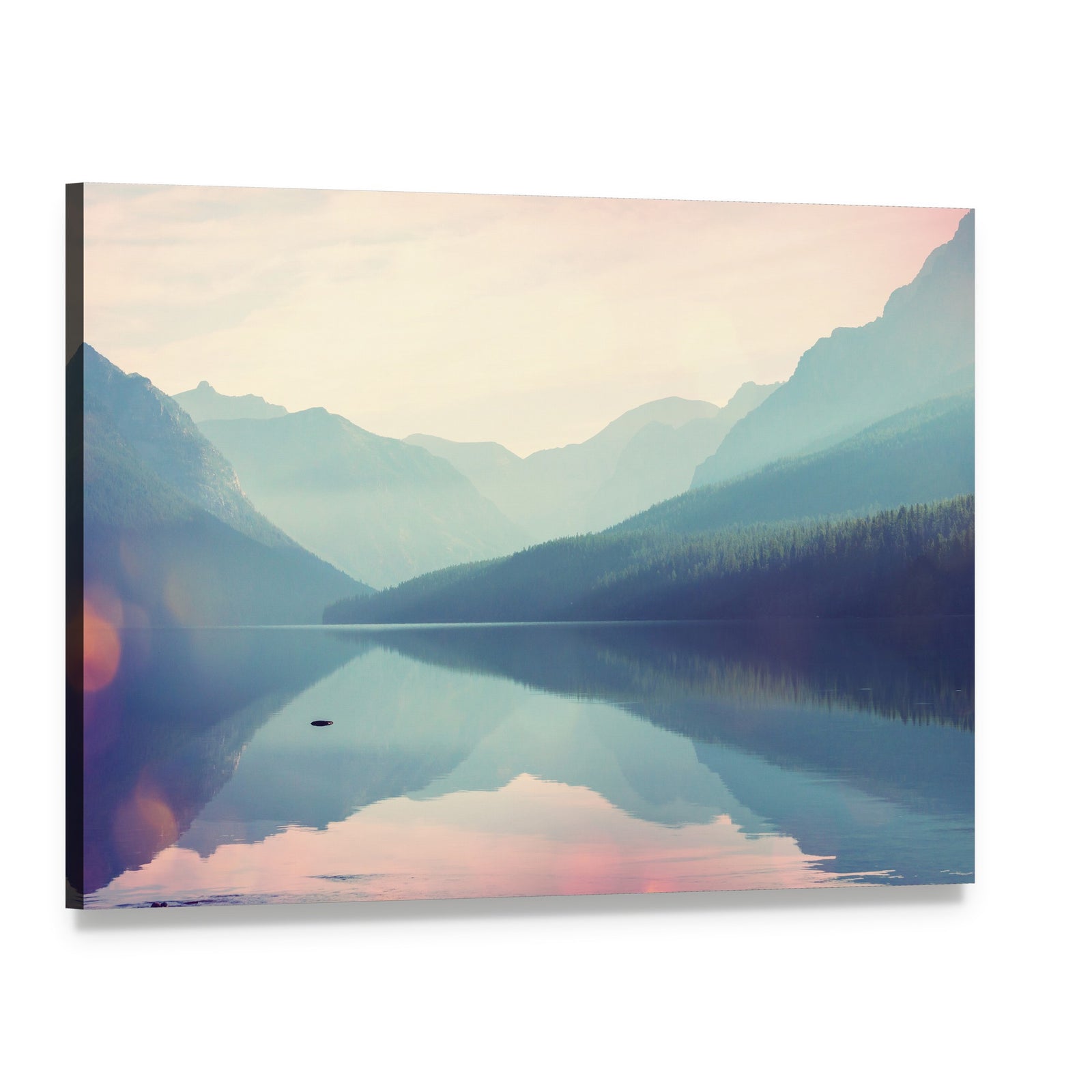 Glacier National Park Lake Reflection Canvas Wall Art, single panel gallery wrapped canvas, angled product view