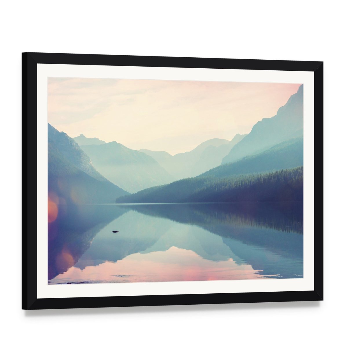 Glacier National Park Lake Reflection Canvas Wall Art, framed print with white mat and black frame, angled product view