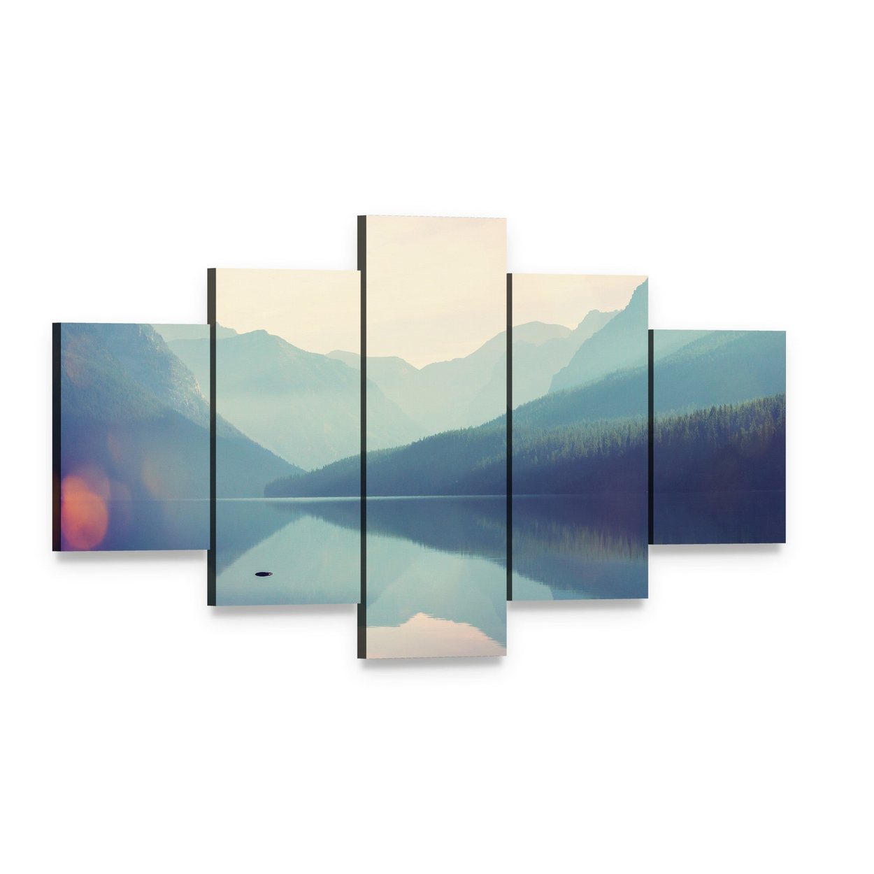 Glacier National Park Lake Reflection Canvas Wall Art, 5 panel 5 Star layout gallery wrapped canvas set, angled product view