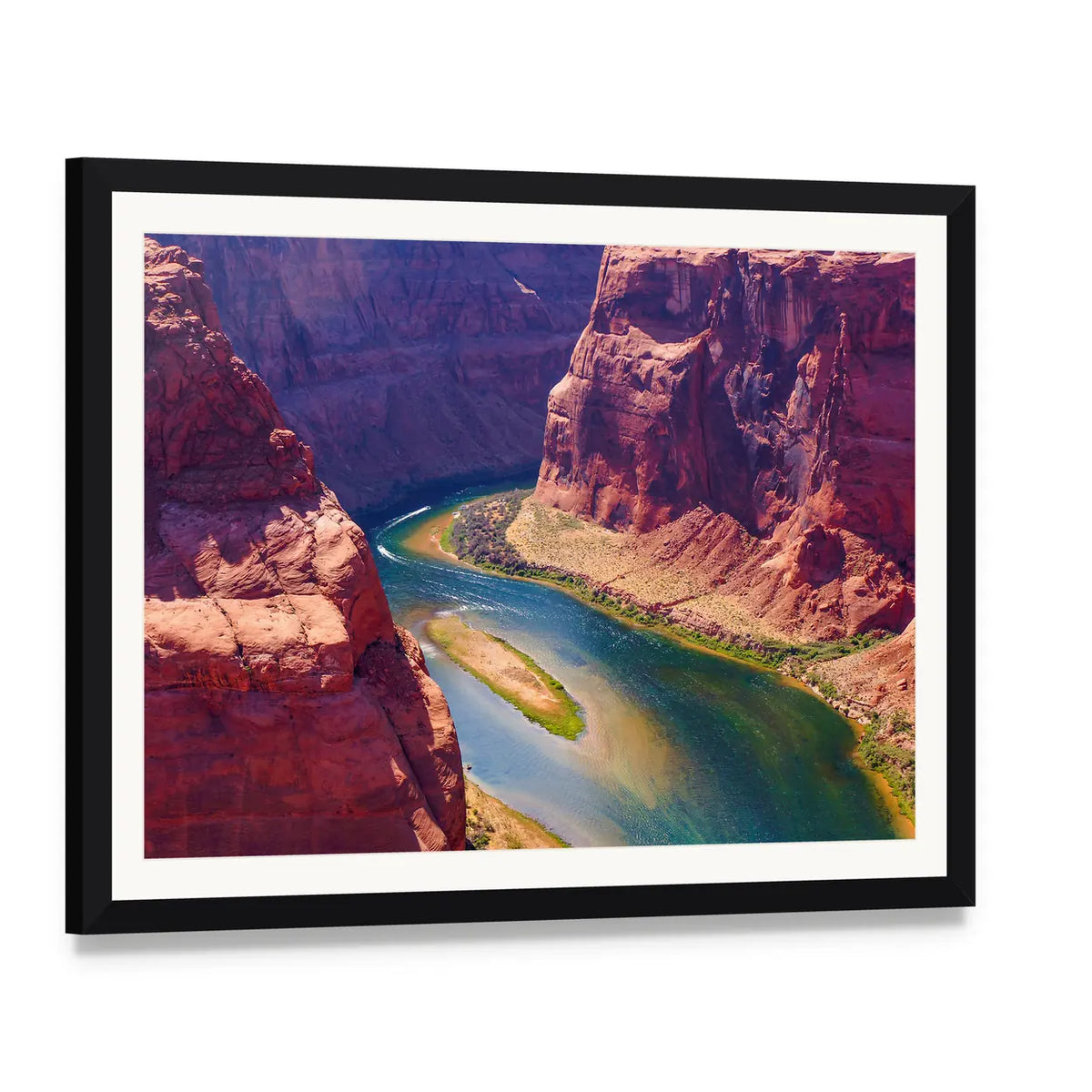 Colorado River Landscape Canvas Wall Art, framed print with white mat and black frame, angled product view