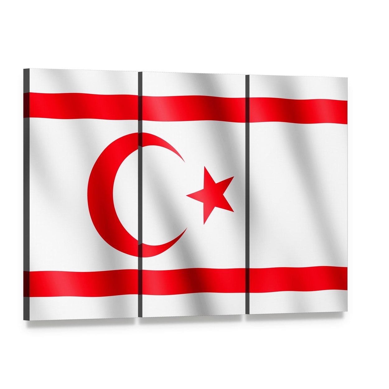 Northern Cyprus Flag Canvas Wall Art, 3 panel 3 Horizontal layout gallery wrapped canvas set, angled product view