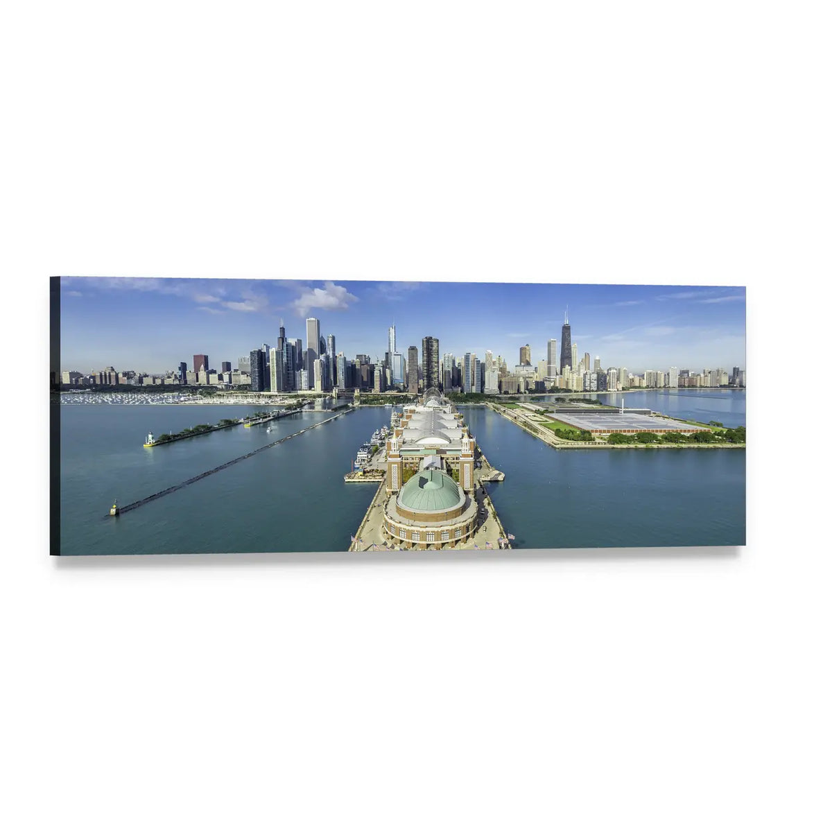 Chicago Navy Pier Aerial View Panoramic Canvas Wall Art, single panel gallery wrapped canvas, angled product view