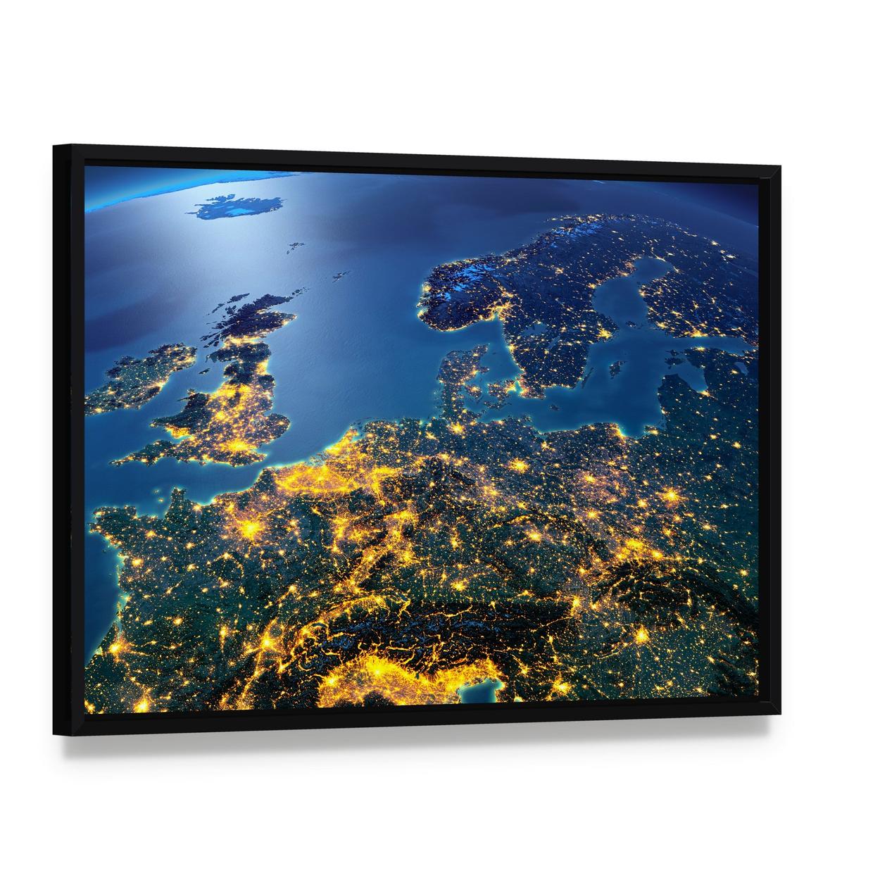 Central Europe at Night Canvas Wall Art, framed canvas in a black floater frame, angled product view