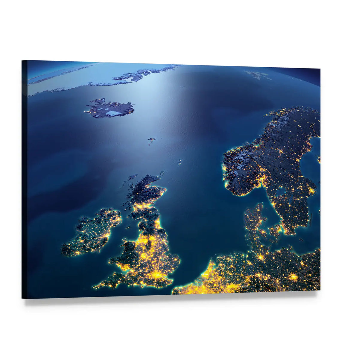 Earth at Night from Space Canvas Wall Art, single panel gallery wrapped canvas, angled product view