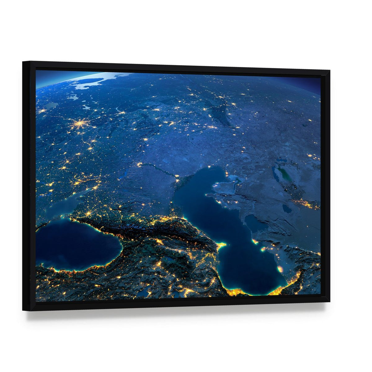 Caspian Sea from Space Canvas Wall Art, framed canvas in a black floater frame, angled product view