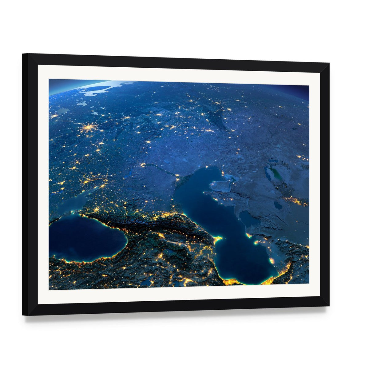 Caspian Sea from Space Canvas Wall Art, framed print with white mat and black frame, angled product view