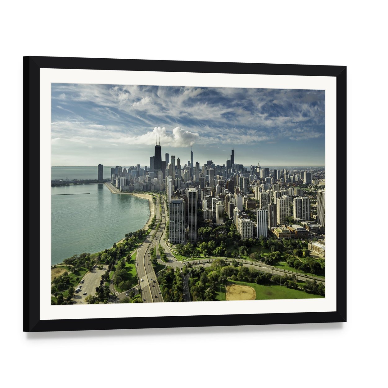 Chicago Skyline with Willis Tower Canvas Wall Art, framed print with white mat and black frame, angled product view