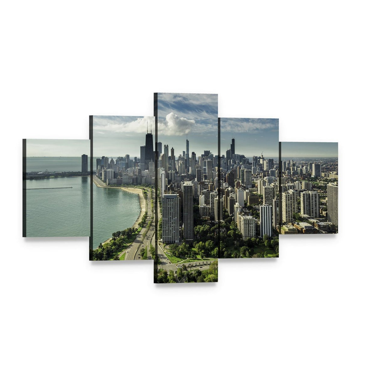 Chicago Skyline with Willis Tower Canvas Wall Art, 5 panel 5 Star layout gallery wrapped canvas set, angled product view