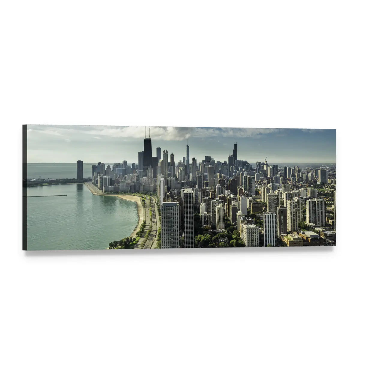 Chicago Skyline Over Lake Michigan Panoramic Canvas Wall Art, single panel gallery wrapped canvas, angled product view