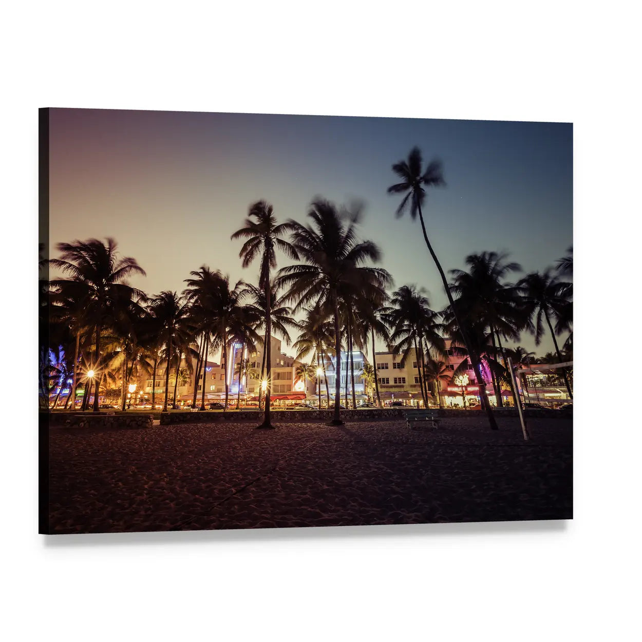 South Beach Florida Sunset with Palm Trees Canvas Wall Art, single panel gallery wrapped canvas, angled product view