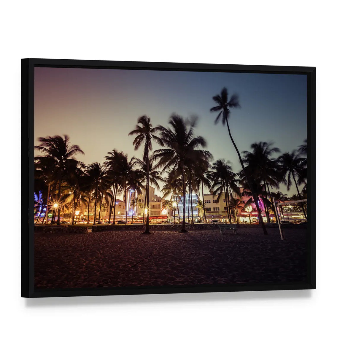 South Beach Florida Sunset with Palm Trees Canvas Wall Art, framed canvas in a black floater frame, angled product view