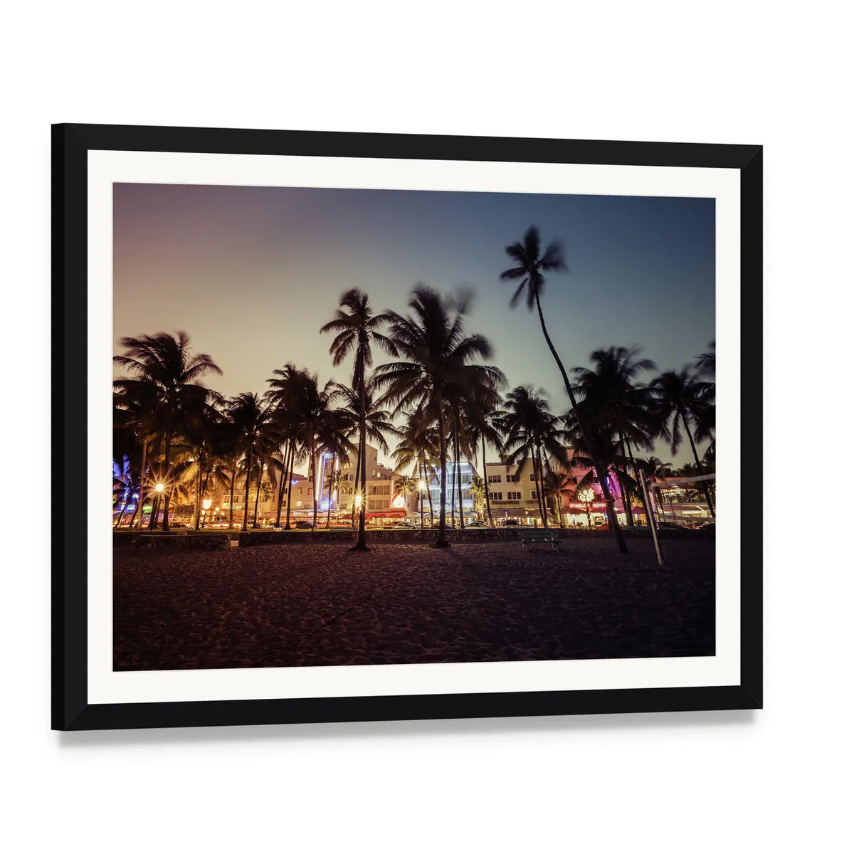 South Beach Florida Sunset with Palm Trees Canvas Wall Art, framed print with white mat and black frame, angled product view
