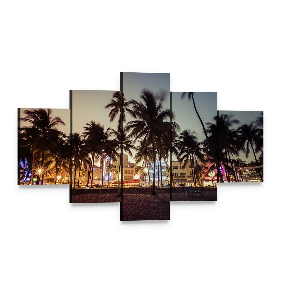 South Beach Florida Sunset with Palm Trees Canvas Wall Art, 5 panel 5 Star layout gallery wrapped canvas set, angled product view