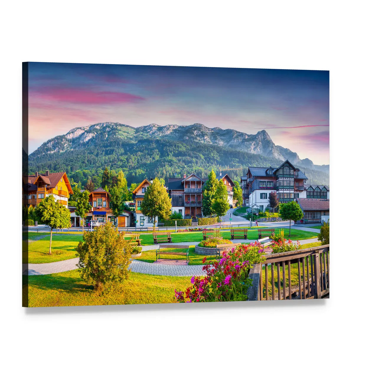 Alpine Village with Pink-tinged Sky Austria Canvas Wall Art, single panel gallery wrapped canvas, angled product view