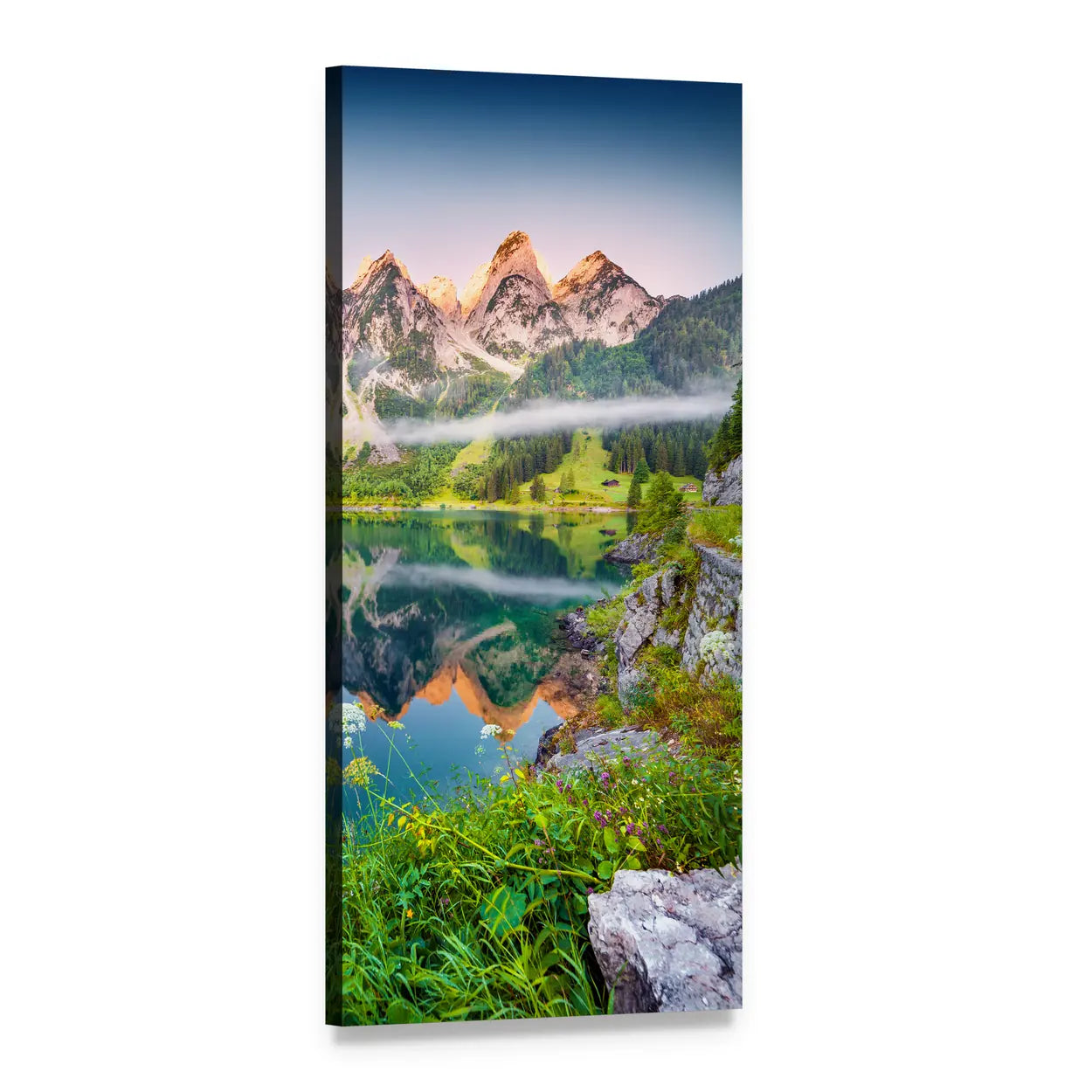 Gosausee Lake Sunrise Reflection Vertical Canvas Wall Art, 1 panel 1 Vertical layout gallery wrapped canvas set, angled product view