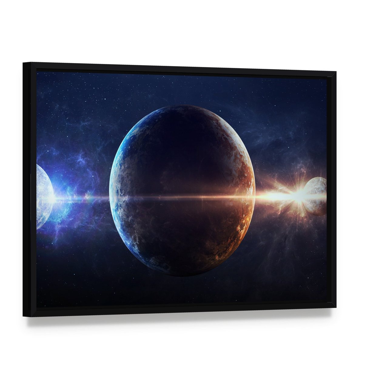 Glowing Planet with Nebula Canvas Wall Art, framed canvas in a black floater frame, angled product view