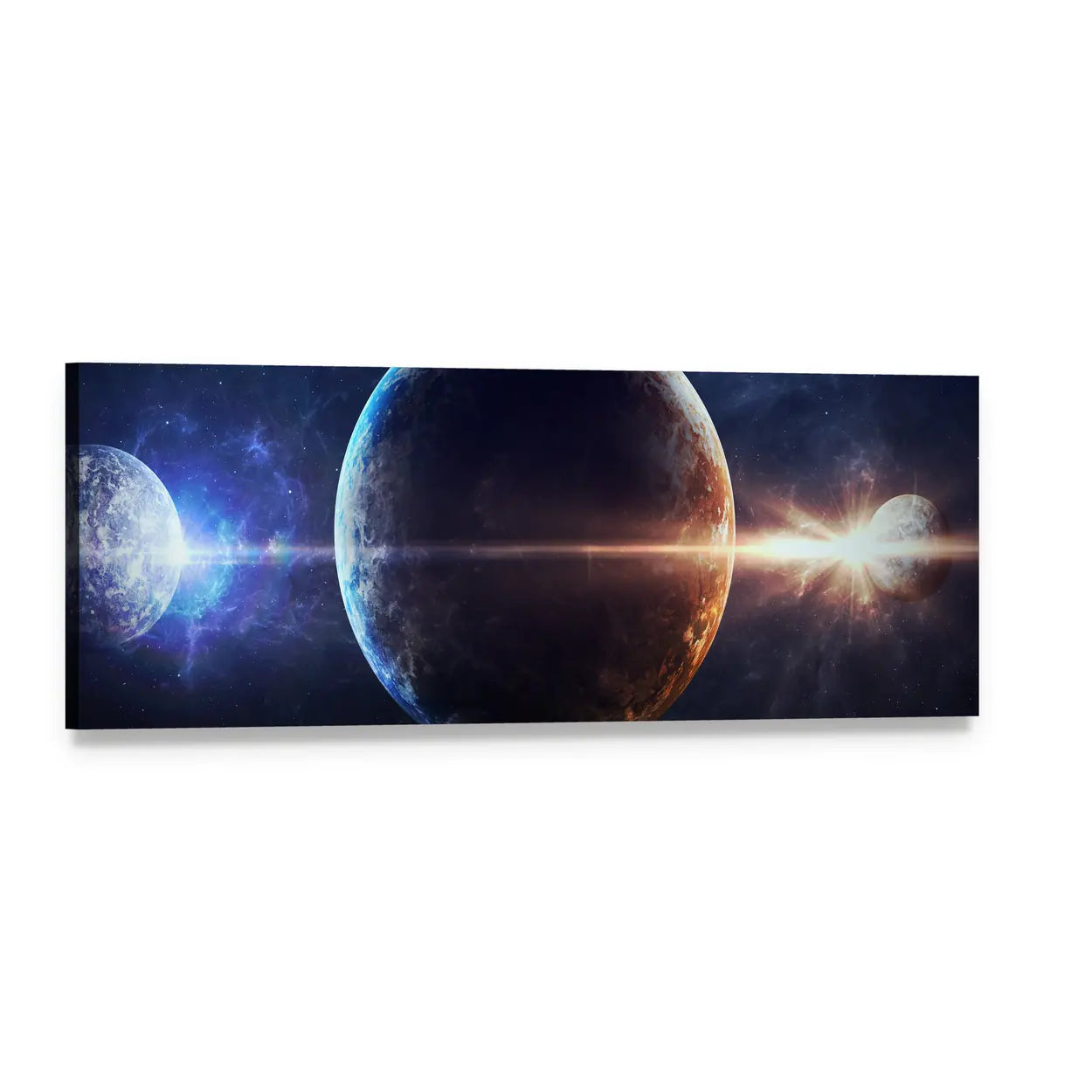 Planets in Deep Space Panoramic Canvas Wall Art, single panel gallery wrapped canvas, angled product view