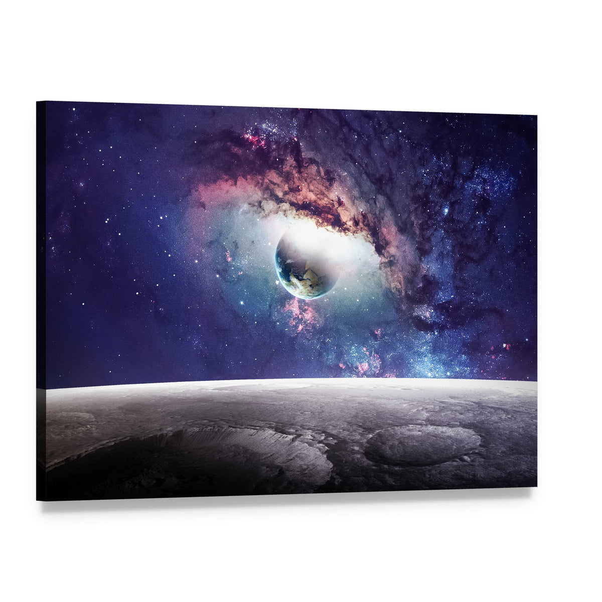 Cratered Planet and Swirling Nebula Canvas Wall Art, single panel gallery wrapped canvas, angled product view