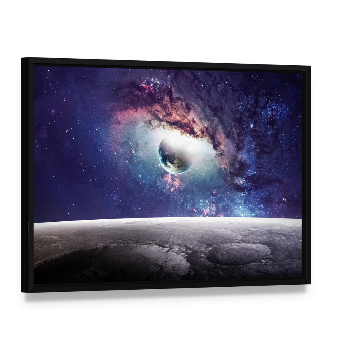 Cratered Planet and Swirling Nebula Canvas Wall Art, framed canvas in a black floater frame, angled product view