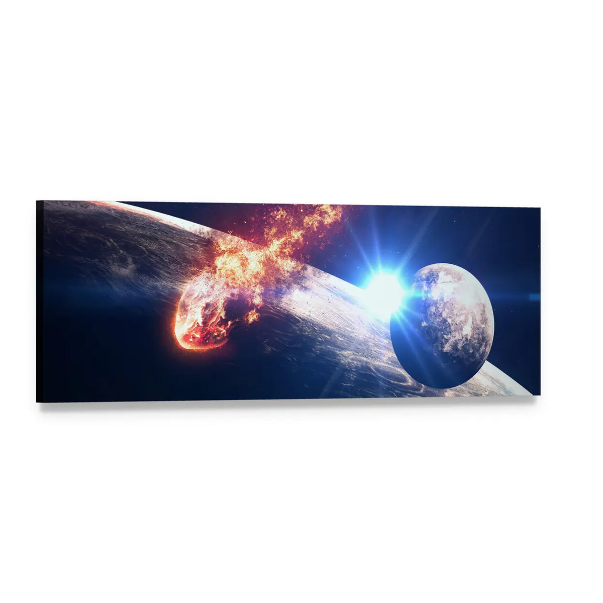Meteor and Solar Flare Over Earth Panoramic Canvas Wall Art, single panel gallery wrapped canvas, angled product view