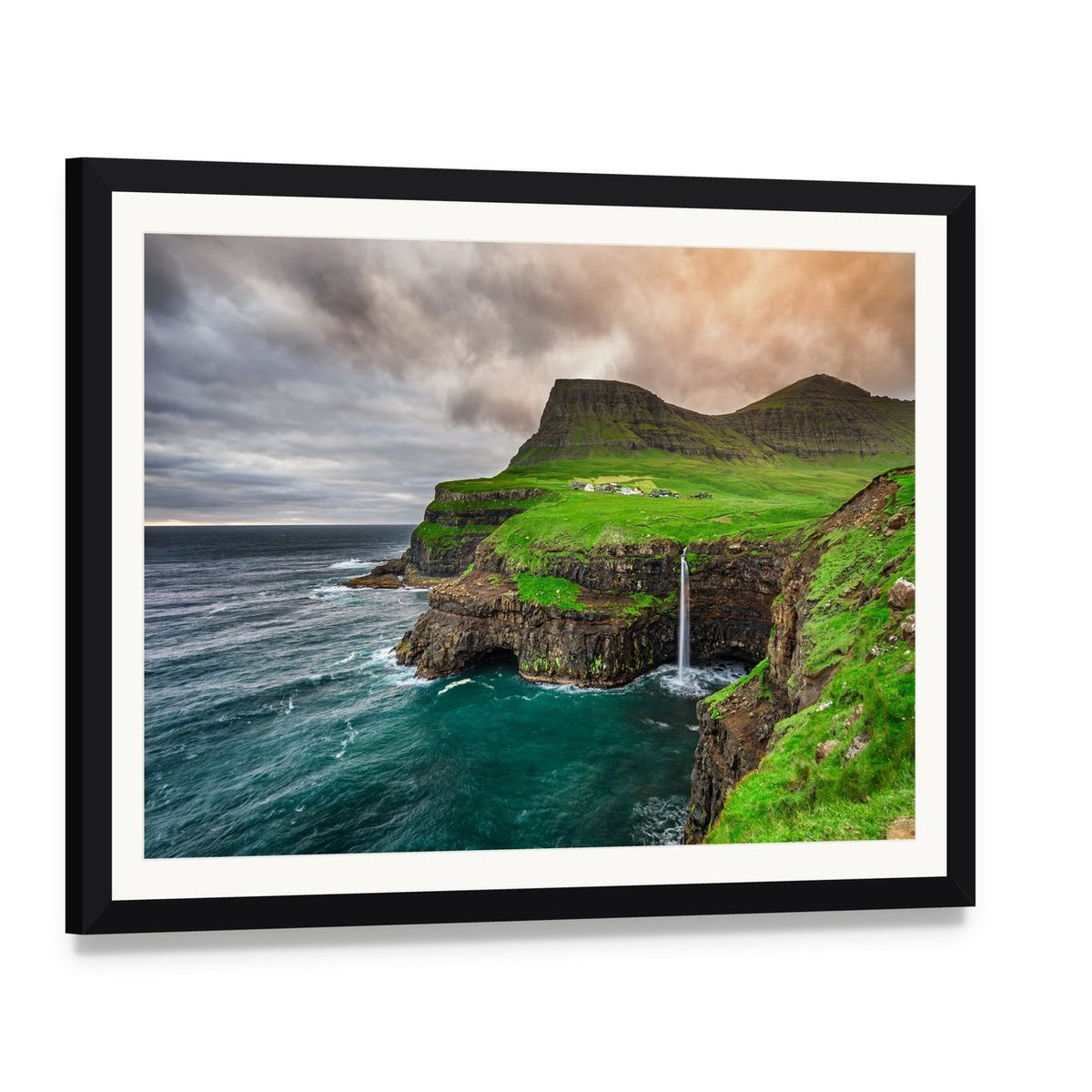 Mulafossur Waterfall and Coastal Village Canvas Wall Art, framed print with white mat and black frame, angled product view