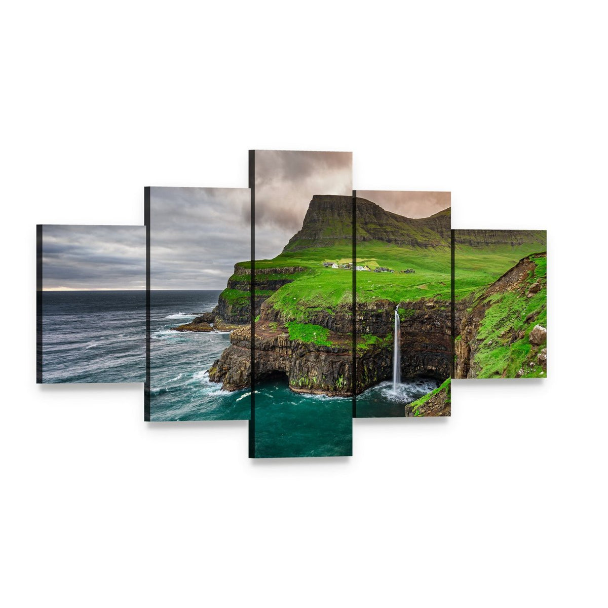 Mulafossur Waterfall and Coastal Village Canvas Wall Art, 5 panel 5 Star layout gallery wrapped canvas set, angled product view
