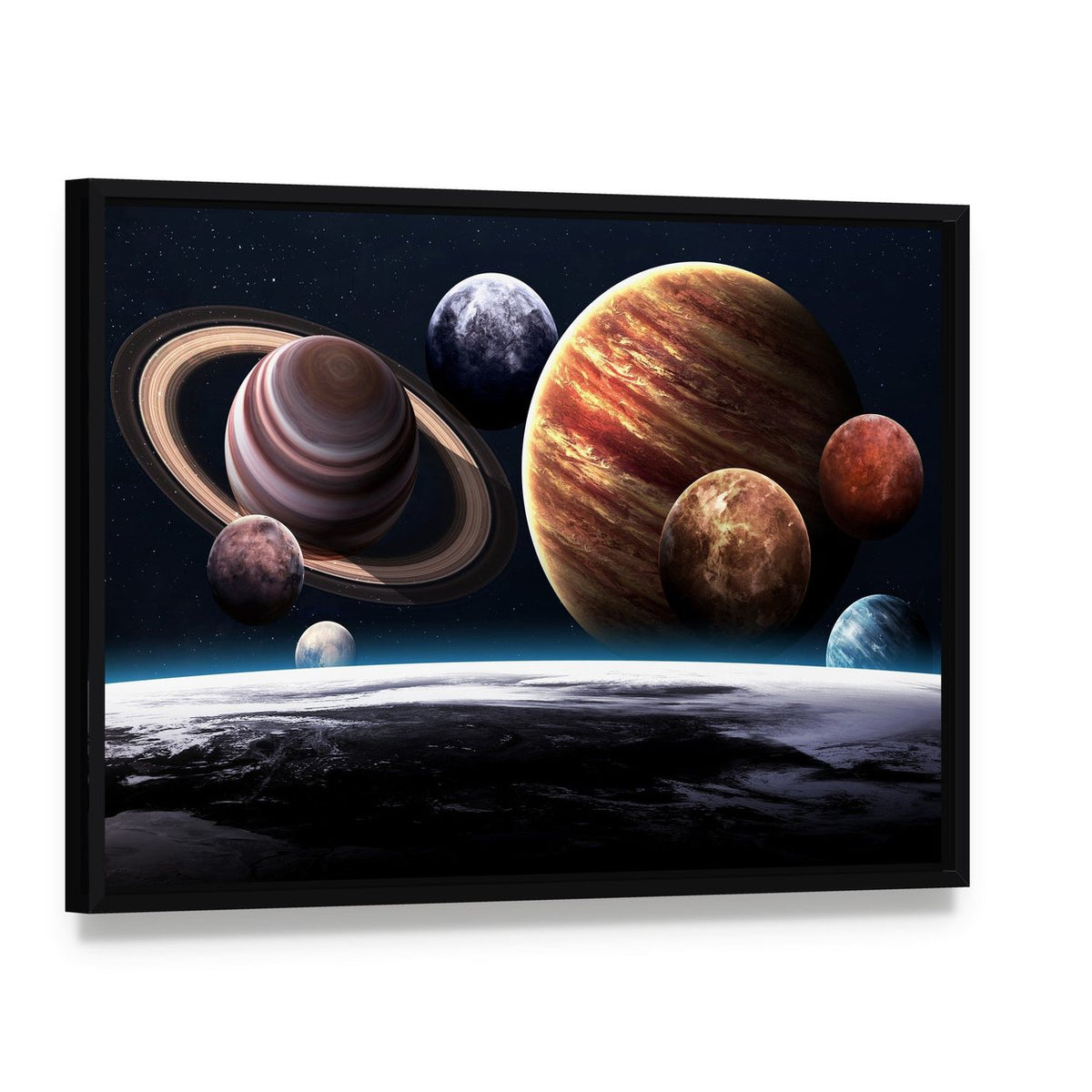 Planets of the Solar System Canvas Wall Art, framed canvas in a black floater frame, angled product view