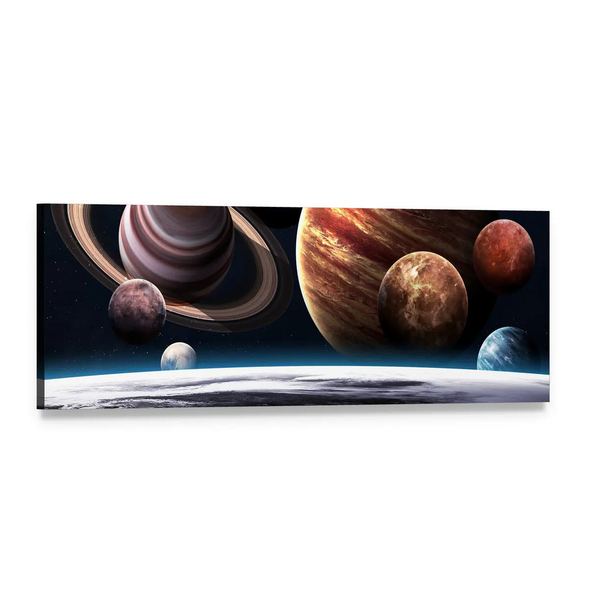 Planets of the Solar System Panoramic Canvas Wall Art, single panel gallery wrapped canvas, angled product view