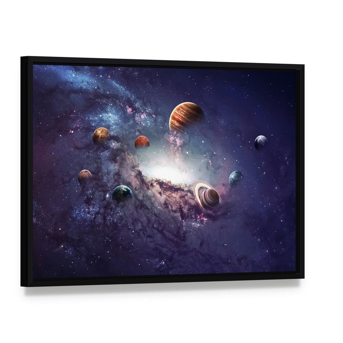 Planets of the Solar System Canvas Wall Art, framed canvas in a black floater frame, angled product view