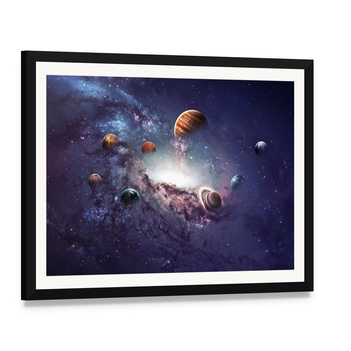 Planets of the Solar System Canvas Wall Art, framed print with white mat and black frame, angled product view