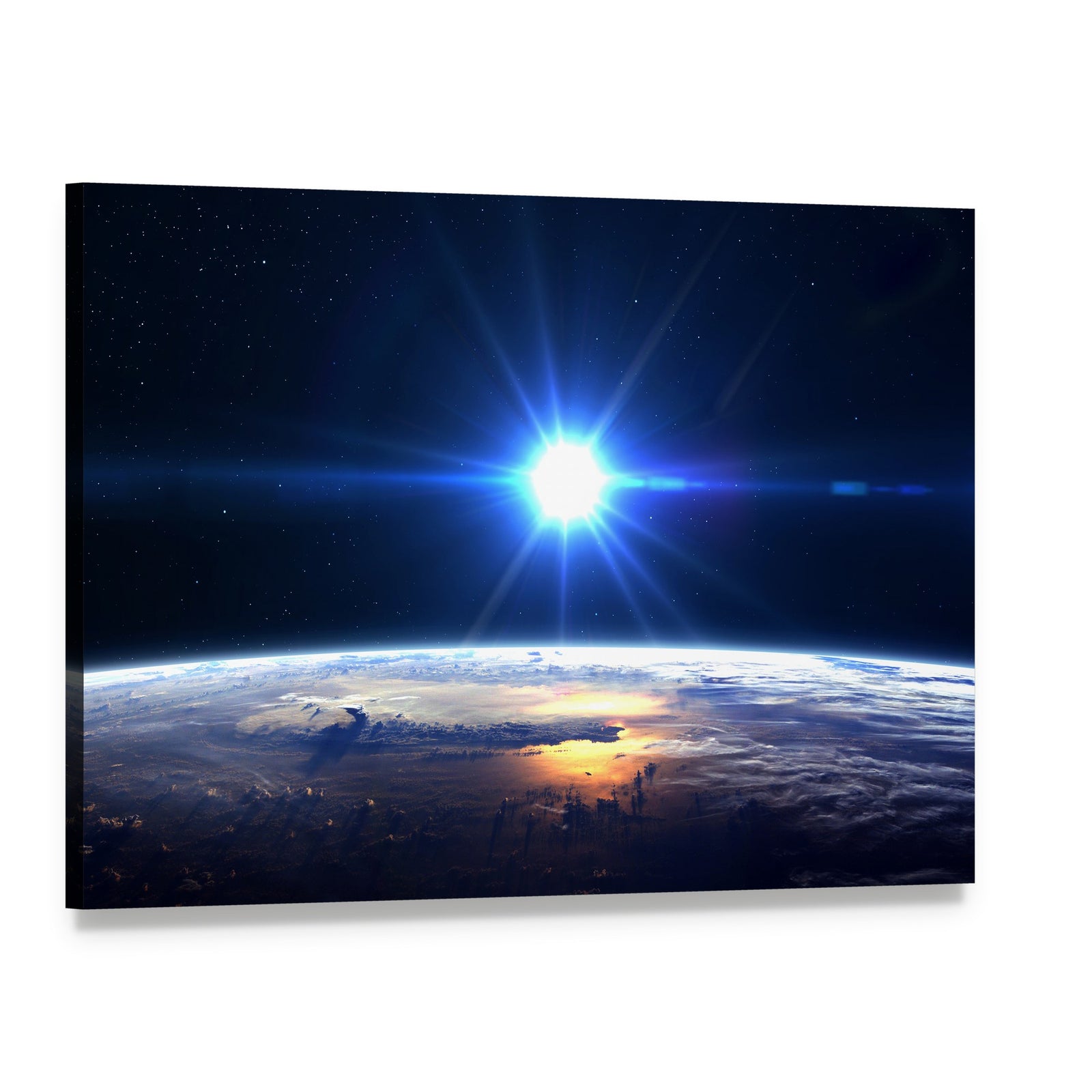 Blue Sun Light Over Planet Earth Canvas Wall Art, single panel gallery wrapped canvas, angled product view