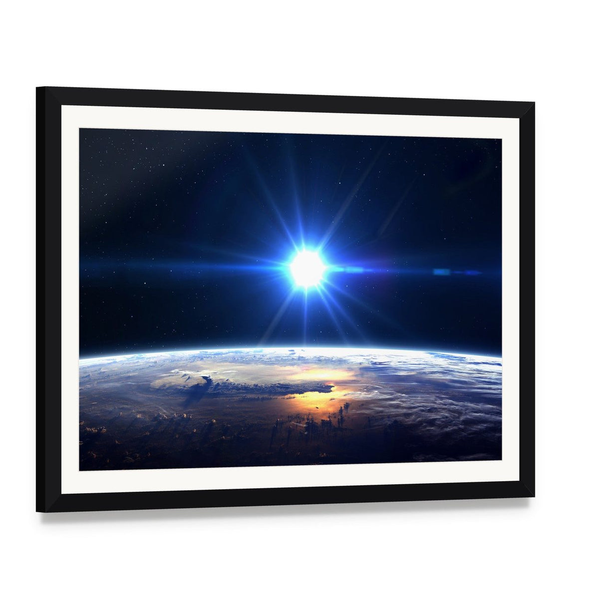 Blue Sun Light Over Planet Earth Canvas Wall Art, framed print with white mat and black frame, angled product view