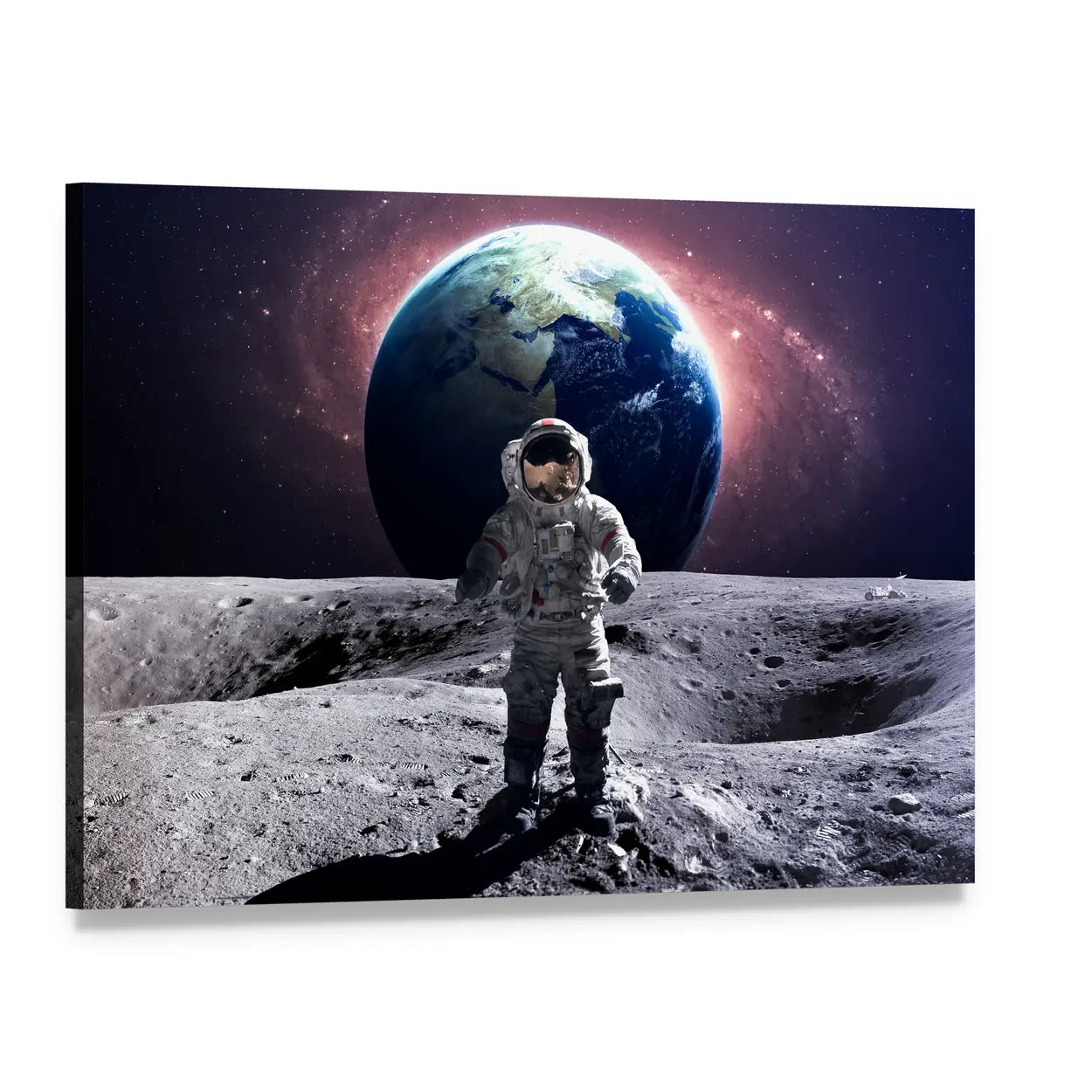 Astronaut on Moon with Earth View Canvas Wall Art, single panel gallery wrapped canvas, angled product view