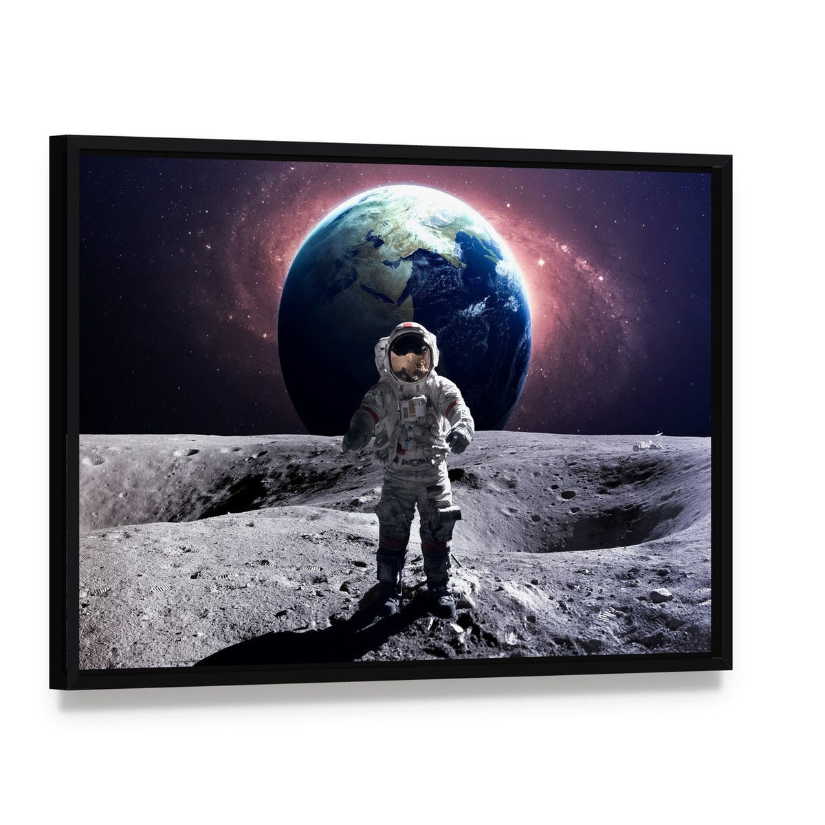 Astronaut Spacewalk Canvas Wall Art, framed canvas in a black floater frame, angled product view