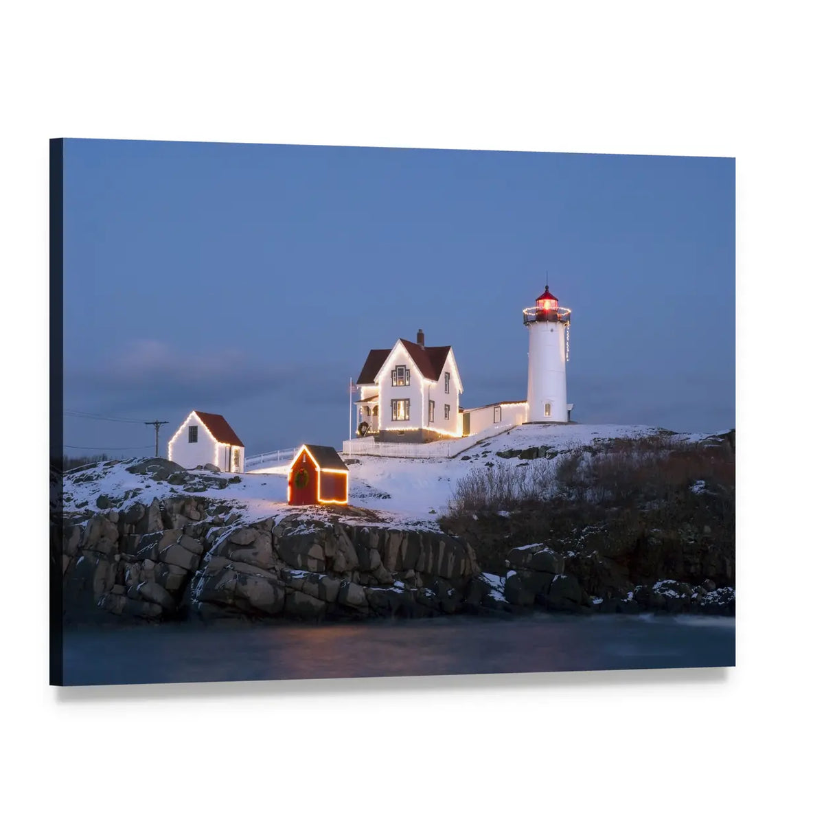 Nubble Lighthouse at Winter Dusk Canvas Wall Art, single panel gallery wrapped canvas, angled product view