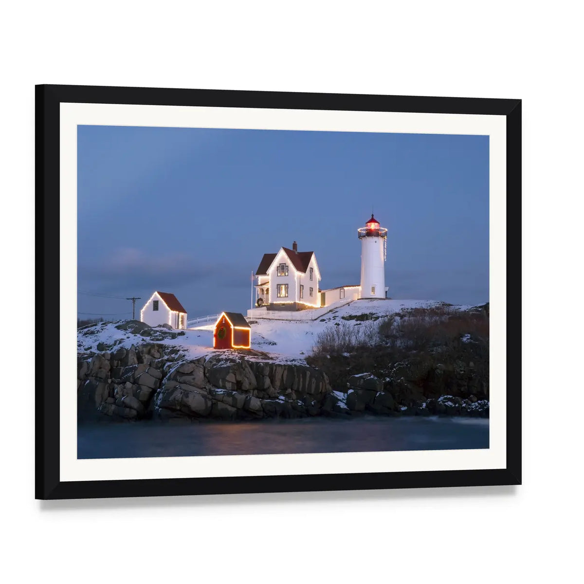 Nubble Lighthouse at Winter Dusk Canvas Wall Art, framed print with white mat and black frame, angled product view