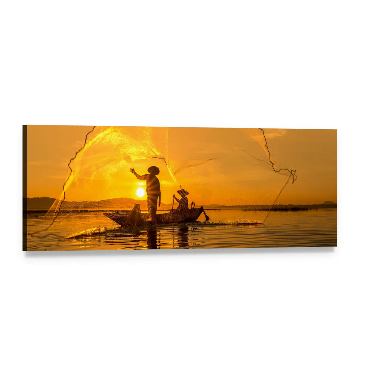 Fishermen at Bangpra Lake, Thailand Panoramic Canvas Wall Art, single panel gallery wrapped canvas, angled product view