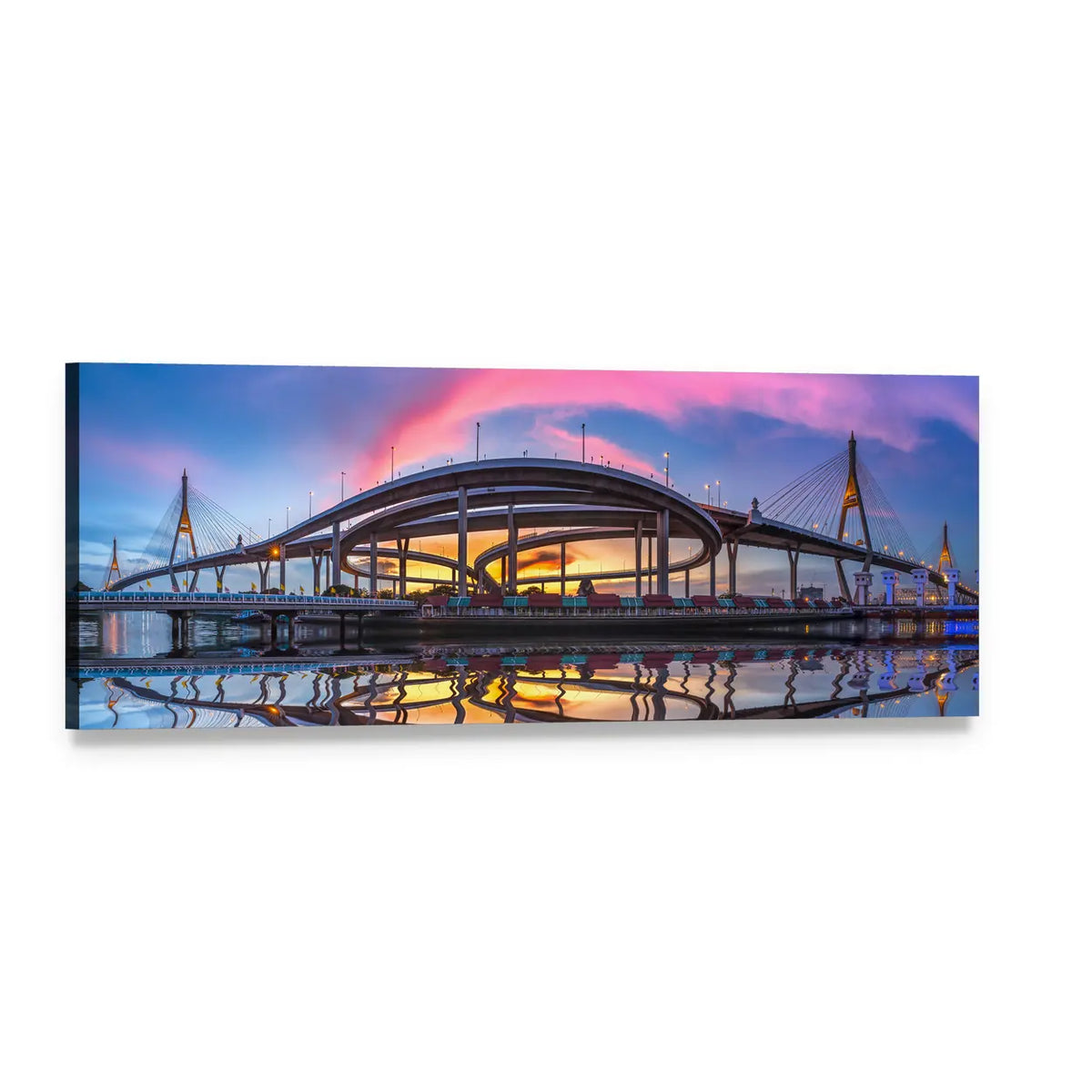 Bhumibol Bridge at Twilight Panoramic Canvas Wall Art, single panel gallery wrapped canvas, angled product view