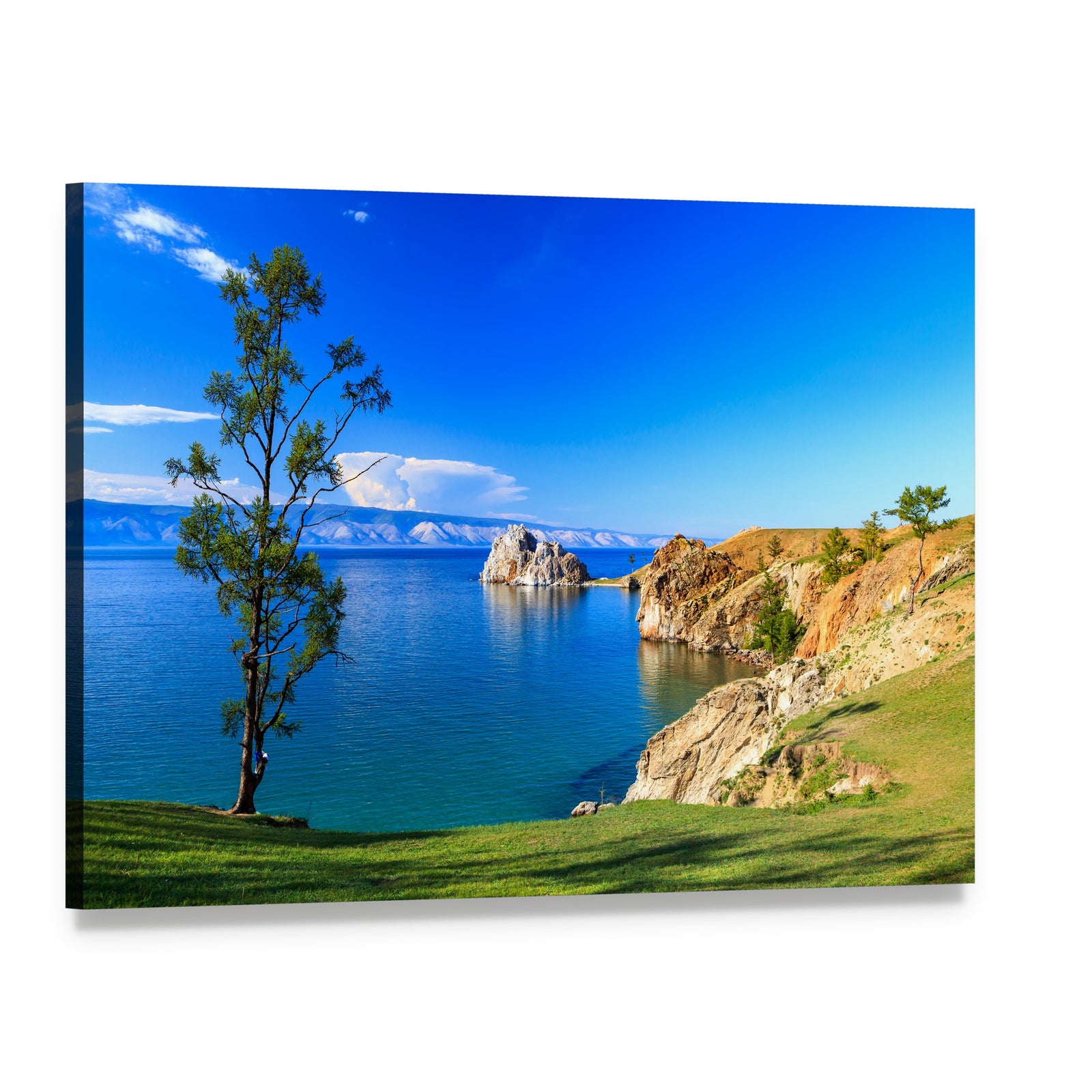 Lake Baikal with Lone Tree and Mountains Canvas Wall Art, single panel gallery wrapped canvas, angled product view