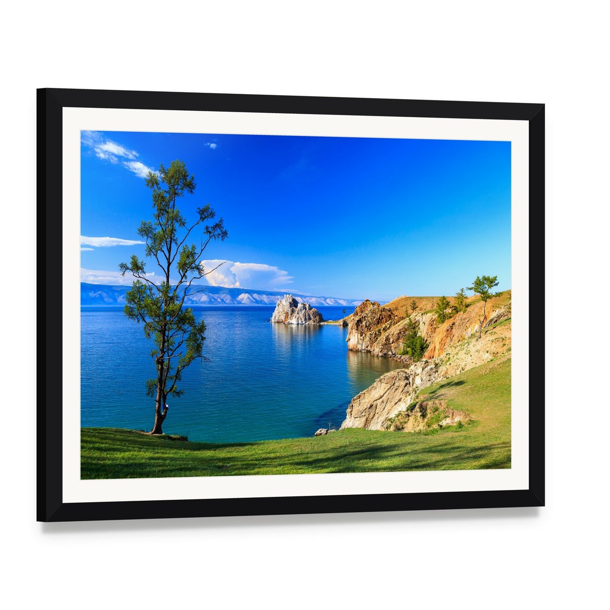 Lake Baikal with Lone Tree and Mountains Canvas Wall Art, framed print with white mat and black frame, angled product view