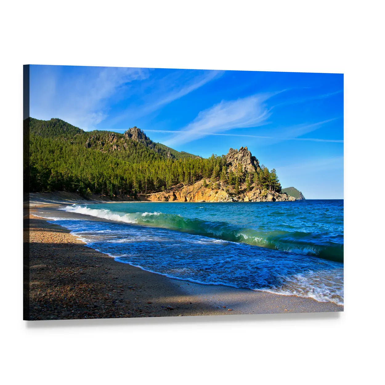 Lake Baikal Coastal Pines and Cliffs Canvas Wall Art, single panel gallery wrapped canvas, angled product view