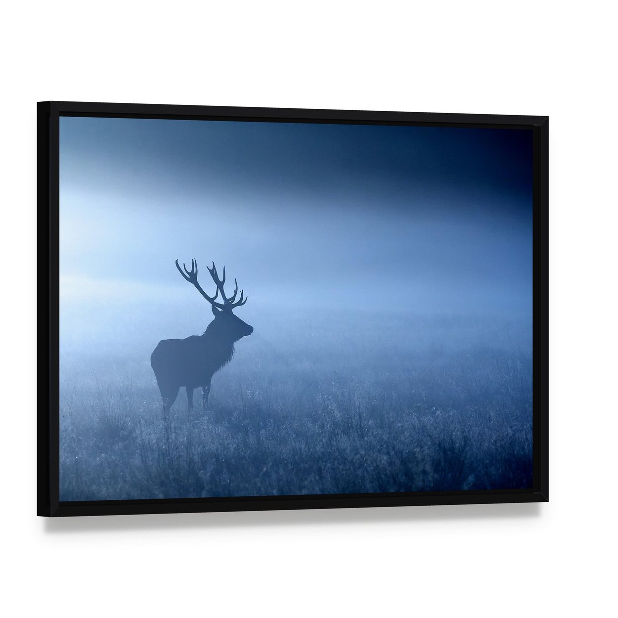 Deer in Fog Canvas Wall Art, framed canvas in a black floater frame, angled product view