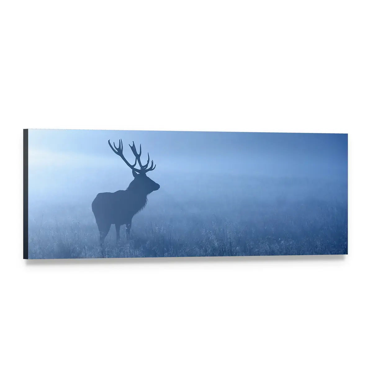 Stag Silhouette in Morning Fog Panoramic Canvas Wall Art, single panel gallery wrapped canvas, angled product view
