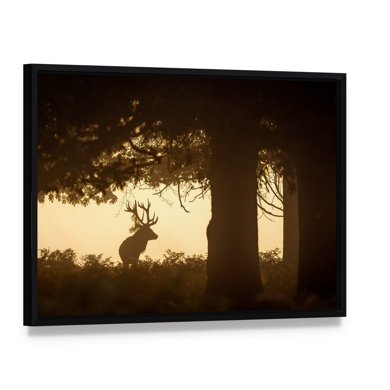 Deer Stag Silhouette Canvas Wall Art, framed canvas in a black floater frame, angled product view