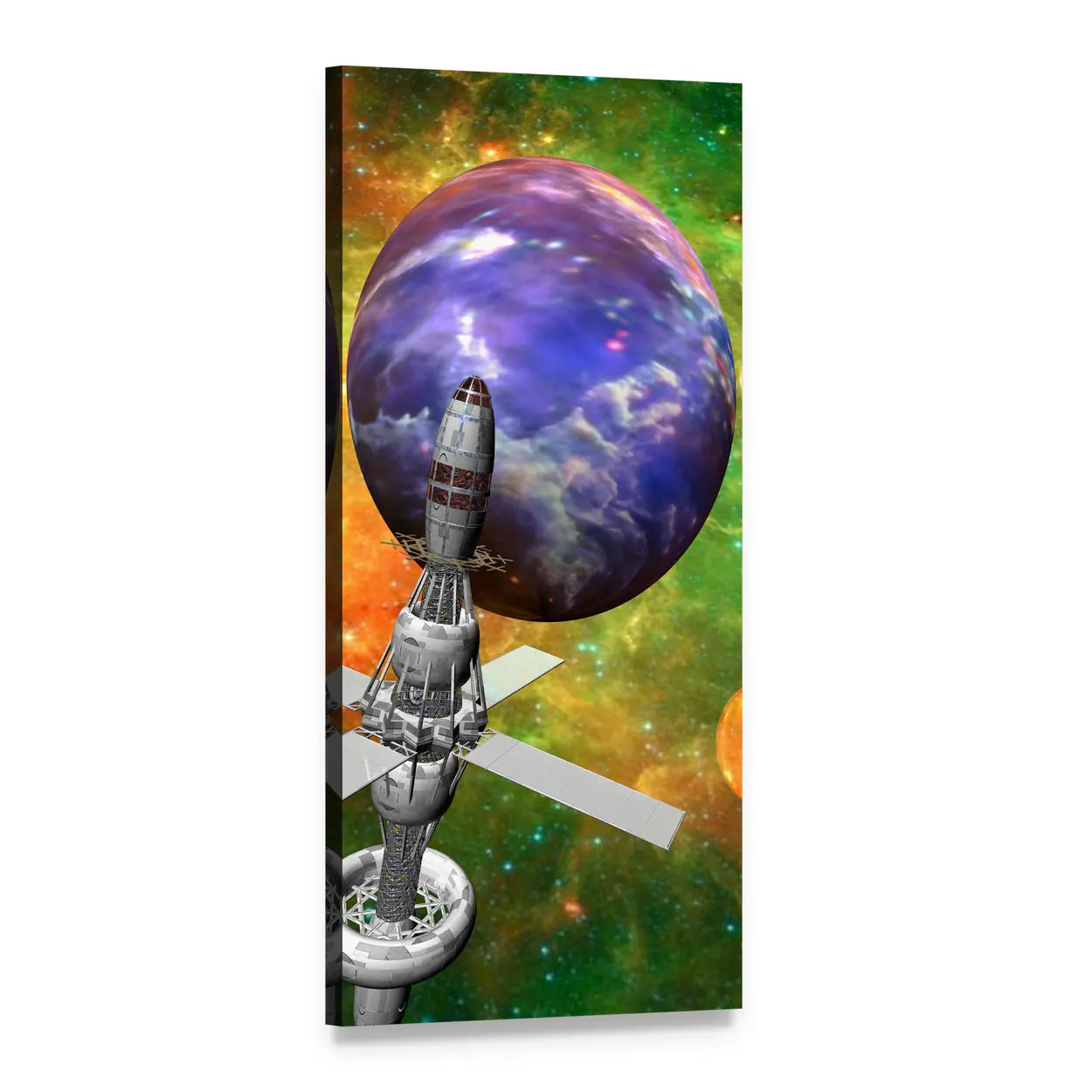 Spaceship Above Cloudy Planet Vertical Canvas Wall Art, 1 panel 1 Vertical layout gallery wrapped canvas set, angled product view