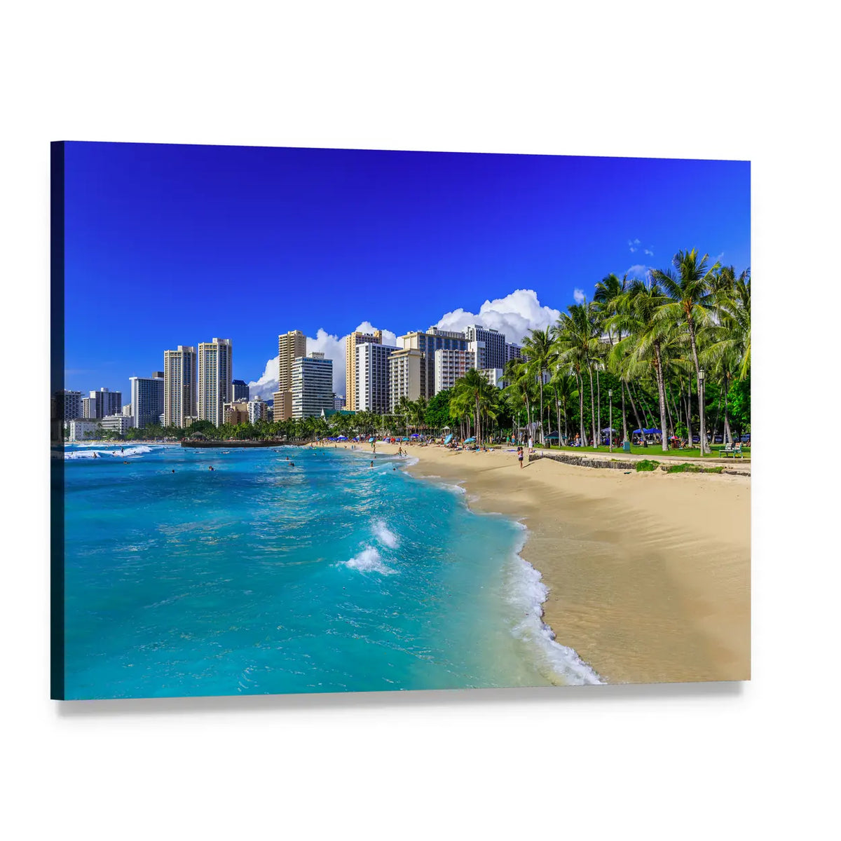 Waikiki Beach with Honolulu Skyline Canvas Wall Art, single panel gallery wrapped canvas, angled product view