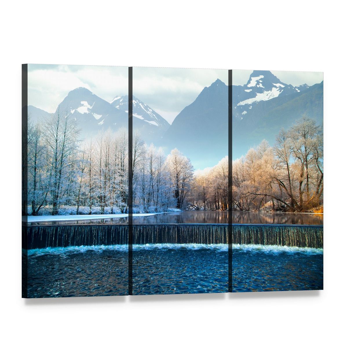Winter Mountains and Waterfall in Norway Canvas Wall Art, 3 panel 3 Horizontal layout gallery wrapped canvas set, angled product view