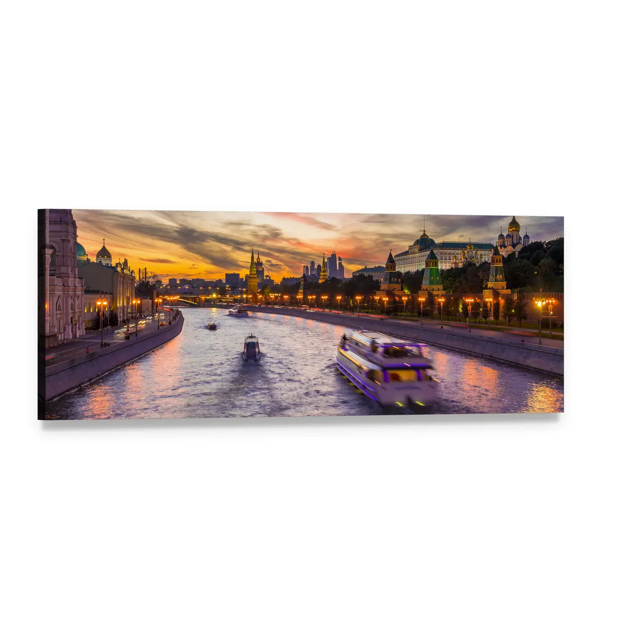 Moscow Kremlin and River at Dusk Panoramic Canvas Wall Art, single panel gallery wrapped canvas, angled product view