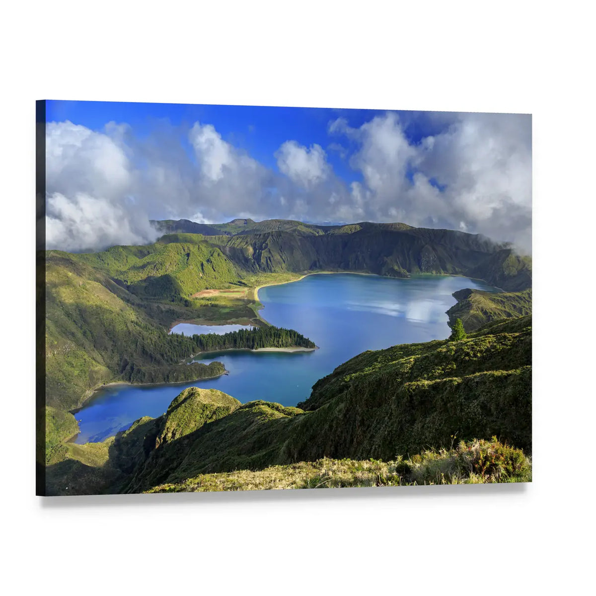 Caldera Lakes Over Lush Green Hills Canvas Wall Art, single panel gallery wrapped canvas, angled product view