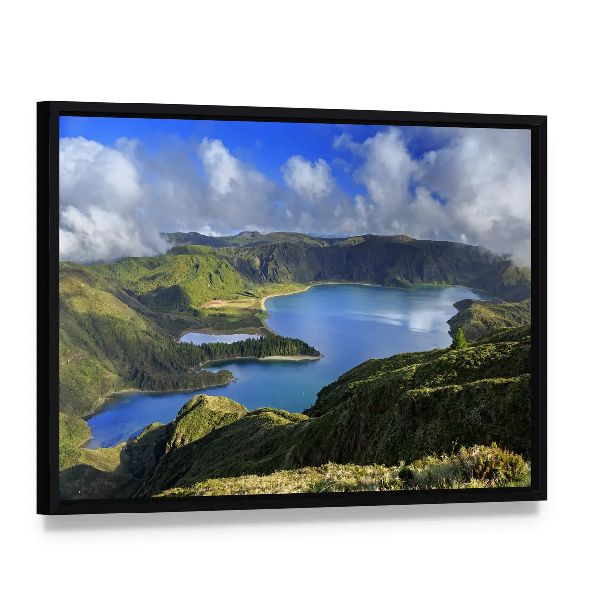 Caldera Lakes Over Lush Green Hills Canvas Wall Art, framed canvas in a black floater frame, angled product view